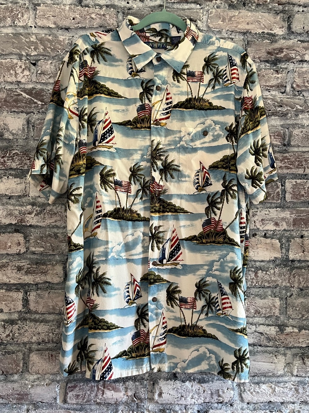 Men's Tropical Sailboat with USA Flags Short-Sleeve Button-Up Easy Care No Iron